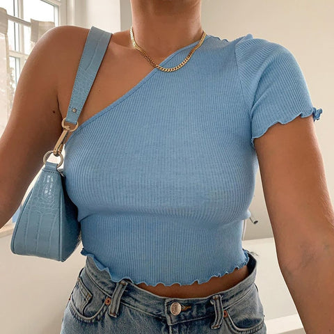 Women Sexy One Shoulder Sweaters Tops Slim Summer Casual Ruched Short Sleeve Knitted Stretch Tube Tops Crop Top