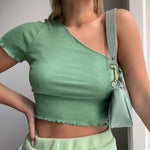 Women Sexy One Shoulder Sweaters Tops Slim Summer Casual Ruched Short Sleeve Knitted Stretch Tube Tops Crop Top