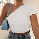 Women Sexy One Shoulder Sweaters Tops Slim Summer Casual Ruched Short Sleeve Knitted Stretch Tube Tops Crop Top
