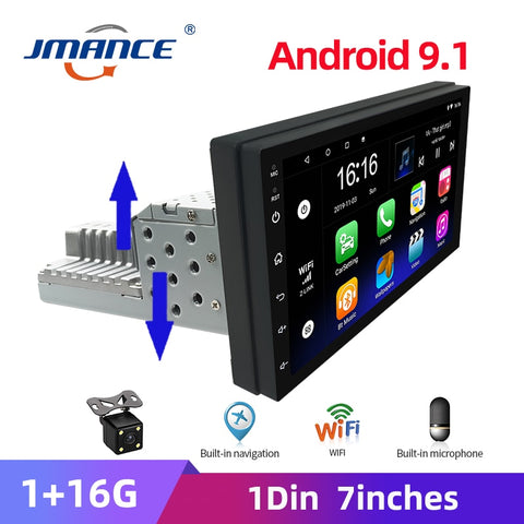 JMANCE Adjustable 1DIN FM 7 Inch Car Stereo Radio Android 9.1 Contact Screen 1080P Car Radio Player Quad-Core GPS Navigation