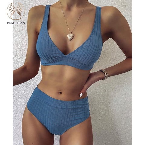 Peachtan Sexy solid ribbed bikinis 2021 mujer High waist swimsuit women V neck swimwear female Sport bathing suit Stripe biquini