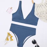 Peachtan Sexy solid ribbed bikinis 2021 mujer High waist swimsuit women V neck swimwear female Sport bathing suit Stripe biquini