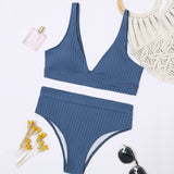 Peachtan Sexy solid ribbed bikinis 2021 mujer High waist swimsuit women V neck swimwear female Sport bathing suit Stripe biquini