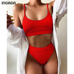 INGAGA High Waist Bikinis Swimsuits Women Push Up Swimwear Ribbed Strap Bathing Suit Biquini Brazilian Bikini 2021 New Beachwear