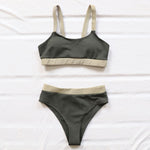 INGAGA High Waist Bikinis 2021 Swimsuits Bandeau Swimwear Women Splicing Biquini Beachwear Sports Ribbed Bathing Suits New